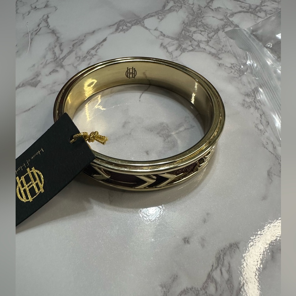 House of Harlow 1960 Aztec Red Leather Gold Tone Slip On Bangle Bracelet